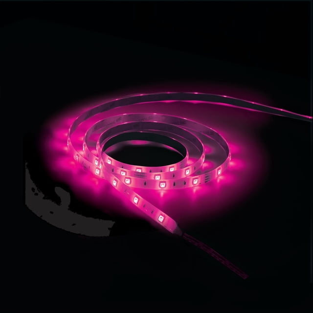 Merkury Smart Wi-Fi LED Strip coiled in a spiral glowing bright pink on a black background, featuring flexible, dimmable LED bar lighting ideal for novelty lighting and customizable ambient settings controlled via smartphone and voice assistants.