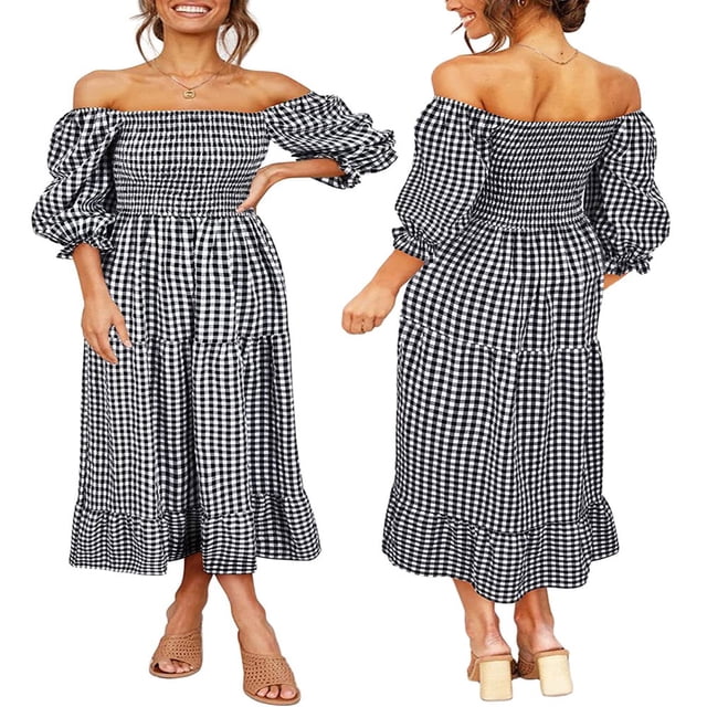 Women‘s Boho Flowy Dress Puff Sleeve Off The Shoulder Plaid Ruffle Midi Dress Wedding Guest Dresses