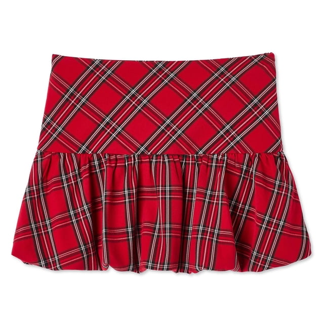 My Sister's Closet Girls' Pull On Bubble Skirt in red plaid with stretch woven fabric and interlock knit lining, featuring a dropped waist, invisible side zipper, and bubble hem for volume, suitable for girls' skirts and bottoms.