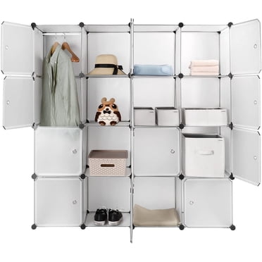 Portable Closet, 16 Cubes Wardrobe Organizer Cabinet with Hanging Rod for Bedroom, DIY Plastic Cube Storage Shelves Bookcase