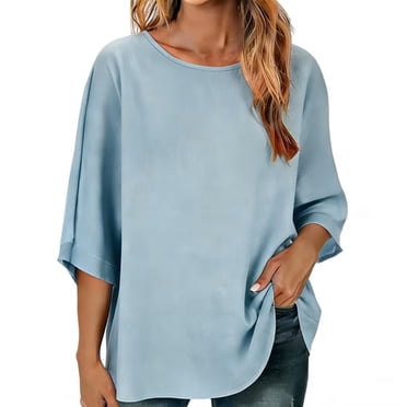 Ltctricy Blouses pour Femmes Manches 3/4 Évasées Col Ras du Cou Dos Nu Couleur Unie T-Shirts Amples Tendance Tuniques Décontractées (Bleu Pâle, Petit)