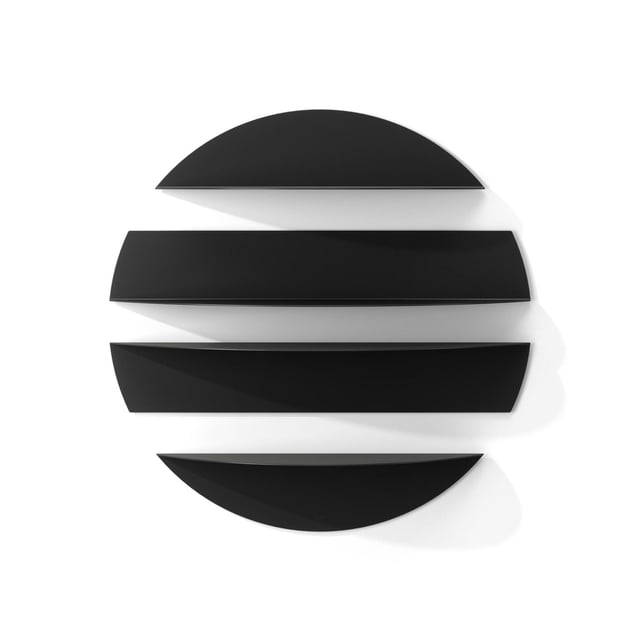 Umbra Solis Wall Shelves set of four black bent metal shelves, two large and two smaller, arranged in a circular pattern on a white background, offering versatile mounting options for modern wall décor and storage of books, candles, and decorative items.