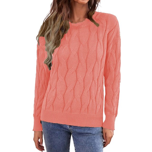 Cathalem WoWomens Cotton Sweaters Crew Neck Solid Color Soft Ribbed Knitted Oversized Pullover Loose Fit Jumper,Pink M