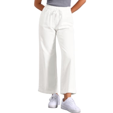 INSPIRE CHIC Women's Wide Leg Jeans Drawstring Elastic Waist Casual Denim Pants with Pockets White M