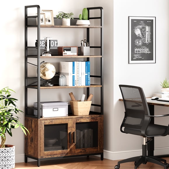 BeesClover Bibliothèque avec Portes Bibliothèque Industrielle avec 4 Niveaux Étagère de Rangement Ouverte, Bibliothèques en Métal et Bois de 70,87 Pouces de Hauteur pour Chambre, Salon, Bureau à Domicile