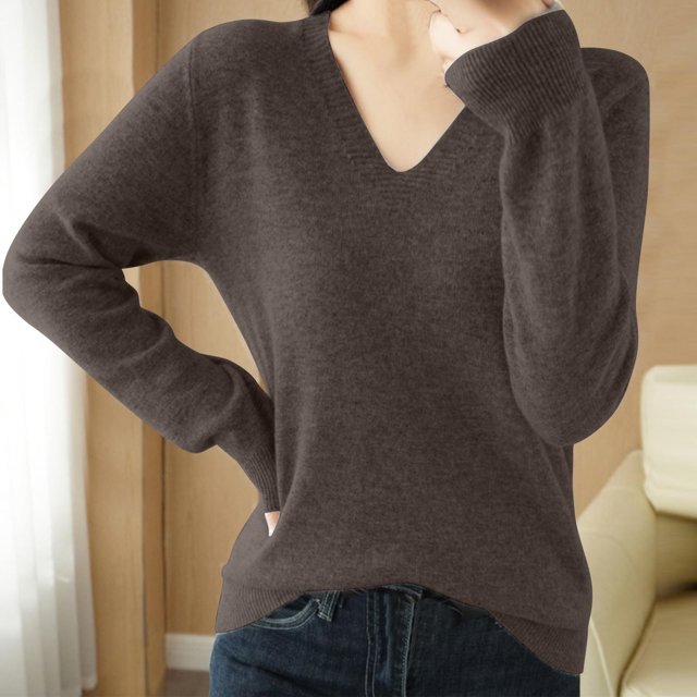 asjyhkr Tops For Women Long Sleeve Knit Cotton V Neck Sweater Pullover Basic T Shirts Solid Color