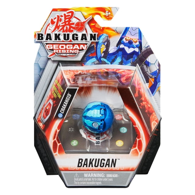 Bakugan,Crakanoid , Figurine d'Action de Collection de 2 Pouces de Hauteur Geogan Rising en Bleu, Montrée sous Forme de Balle Fermée à l'Intérieur d'Un Emballage hexagonal en blister avec des Motifs orange Vif et Gris, Incluant Deux BakuCores en Métal et des Cartes de Personnages pour Jouets de Combat.