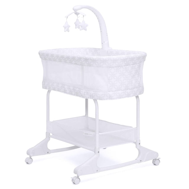 Delta Children SleepCool Rocking Bassinet with Airflow Mesh in Fresco pattern, featuring breathable mesh sides for airflow and visibility, a curved mobile arm with rotating plush stars, vibration, music, and nightlight, a large storage basket below, and four locking caster wheels for easy mobility.