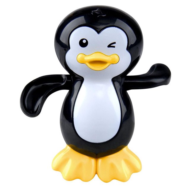 Speedy Swimming Penguin baby bath toy made of sturdy plastic with black and white body, yellow beak and feet, featuring a winking face and outstretched flippers, designed for winding up to swim in the bathtub, ideal for infants 9 months and older.