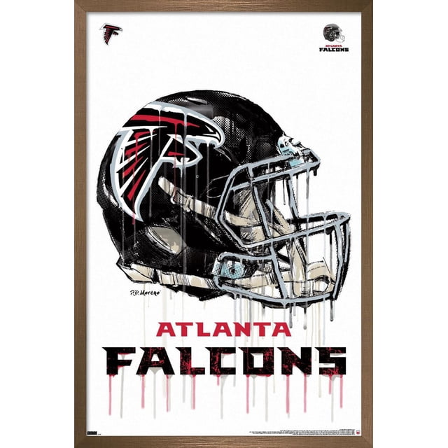 NFL Atlanta Falcons - Affiche Murale Drip Helmet 20 Présentant un Casque de football Noir Orienté vers l'Avant avec le logo des Falcons Rouge et Blanc, Encadré en Bois Brun, avec le Texte « Atlanta Falcons » Ci-Dessous en style Peinture Goutte à Goutte Rouge et Noire. Cette Impression d'Art Mural Brillante Est Idéale pour la Déco Sportive dans les Chambres, les Bureaux Ou les Dortoirs.