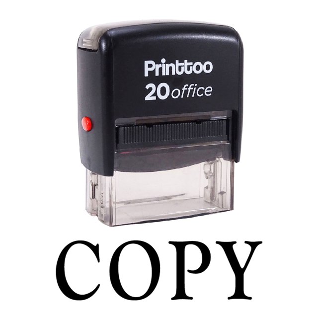 Printtoo Office Stationary Custom Stamp COPY Self Inking Rubber Stamp in black ink, ideal for office use or scrapbooking. Features a compact design with a single-sided ink pad and an approximate impression area of 14 mm x 38 mm. Pre-inked for thousands of impressions and re-inkable.