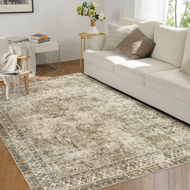 Garvee 5'x7' Washable Boho Area Rug Retro Floral Distressed Rug Low Pile Stain-Resistant Non-Slip Floor Cover Home Floor Decor, Antique