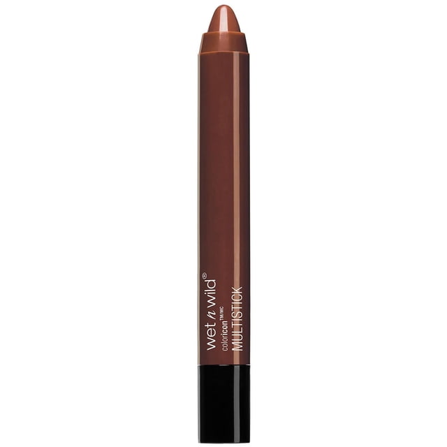 Color Icon Multi-stick front-facing close shot of a compact cream-to-powder makeup stick with visible pink-tinted product; multifunctional for lips, lids and cheeks, blendable and buildable, infused with Passion Fruit seed oil, Argan oil and Vitamin E, shown on a plain white background and suitable for travel touch-ups.