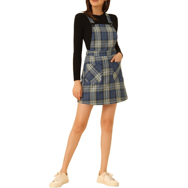 INSPIRE CHIC Robe Salopette à Carreaux pour Femme à Bretelles Ajustables TP Bleu