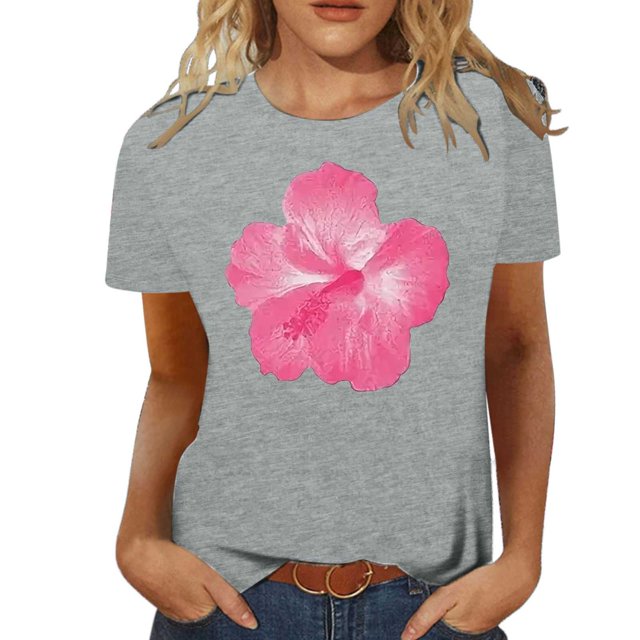 LUOGENLI T-shirts pour Femme pour Femmes Mode Décontractée Chemises Imprimées Col Rond Manches Courtes T-Shirt Hauts Tunique Blouse T-shirts pour Femmes T-shirts Graphiques T-shirts Pêche Vêtements d'Été Gris Clair TG
