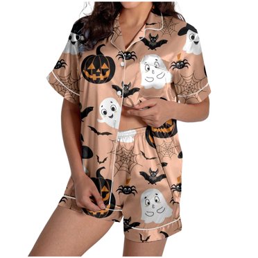 GDREDA Plus Size Pajamas for Women Women's Multicolored Printed Silk Satin Short Sleeved Button Up Pajamas Set Women Pajama Sets pyjamas Rose Gold,S
