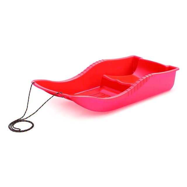 ArcticThrill Snow Sled for Kids - SnowBoat Sledge featuring a vibrant red plastic design with raised seat and curved ends for leg placement. Includes a pull rope with handle for easy maneuvering. Measures 87 cm in length, 37 cm in width, and 15 cm in height, ideal for snowy terrain and single riders. Perfect for winter sleigh adventures.