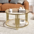 thumbnail image 1 of Table Basse en Verre de 31,5 Pouces avec Rangement, Table Centrale Ronde avec Tablette, Table Basse Ronde à 2 Niveaux pour Salon Moderne avec Miroir Clair, Base Tambour Circulaire en Métal, Fini Or et Tablette Inférieure, 1 of 7