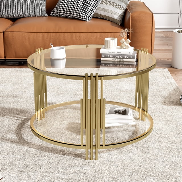 Table Basse en Verre de 31,5 Pouces avec Rangement, Table Centrale Ronde avec Tablette, Table Basse Ronde à 2 Niveaux pour Salon Moderne avec Miroir Clair, Base Tambour Circulaire en Métal, Fini Or et Tablette Inférieure