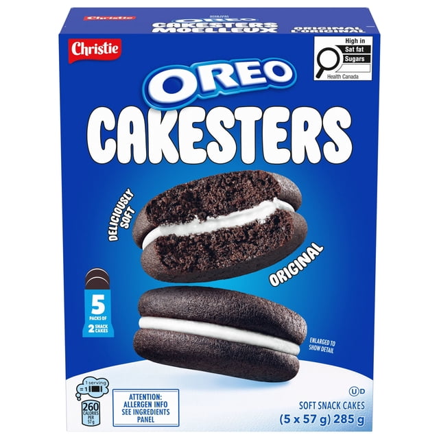 OREO Cakesters Soft Snack Cakes box with five 57g snack packs, each containing two soft chocolate cakes sandwiching white creme filling, shown with one whole and one split cake to display texture, original flavour, blue packaging with Christie branding and Health Canada nutrition label.