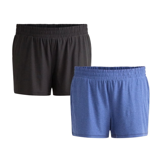 Athletic Works Shorts de Gym de Performance Doux ButterCore pour Femmes et Femmes Grande Taille, Offerts en Lot de 2, Taille P. l'Image Affiche Deux Paires de Shorts Athlétiques Taille Mi-Haute Conçus pour Femmes, Offrant une Coupe Décontractée et une Taille Smockée Élastique. une Paire Est Noire, et l'Autre Est Bleue, Fabriquée en Tissu jersey Brossé Ultra Doux avec des Propriétés d'Évacuation de l'Humidité pour le Confort Lors des Entraînements Ou des Tenues Décontractées. Chaque Paire Comprend Deux Poches avant à Cordon et une Fermeture à Enfiler, Idéale pour les Vêtements d'Entraînement Ou