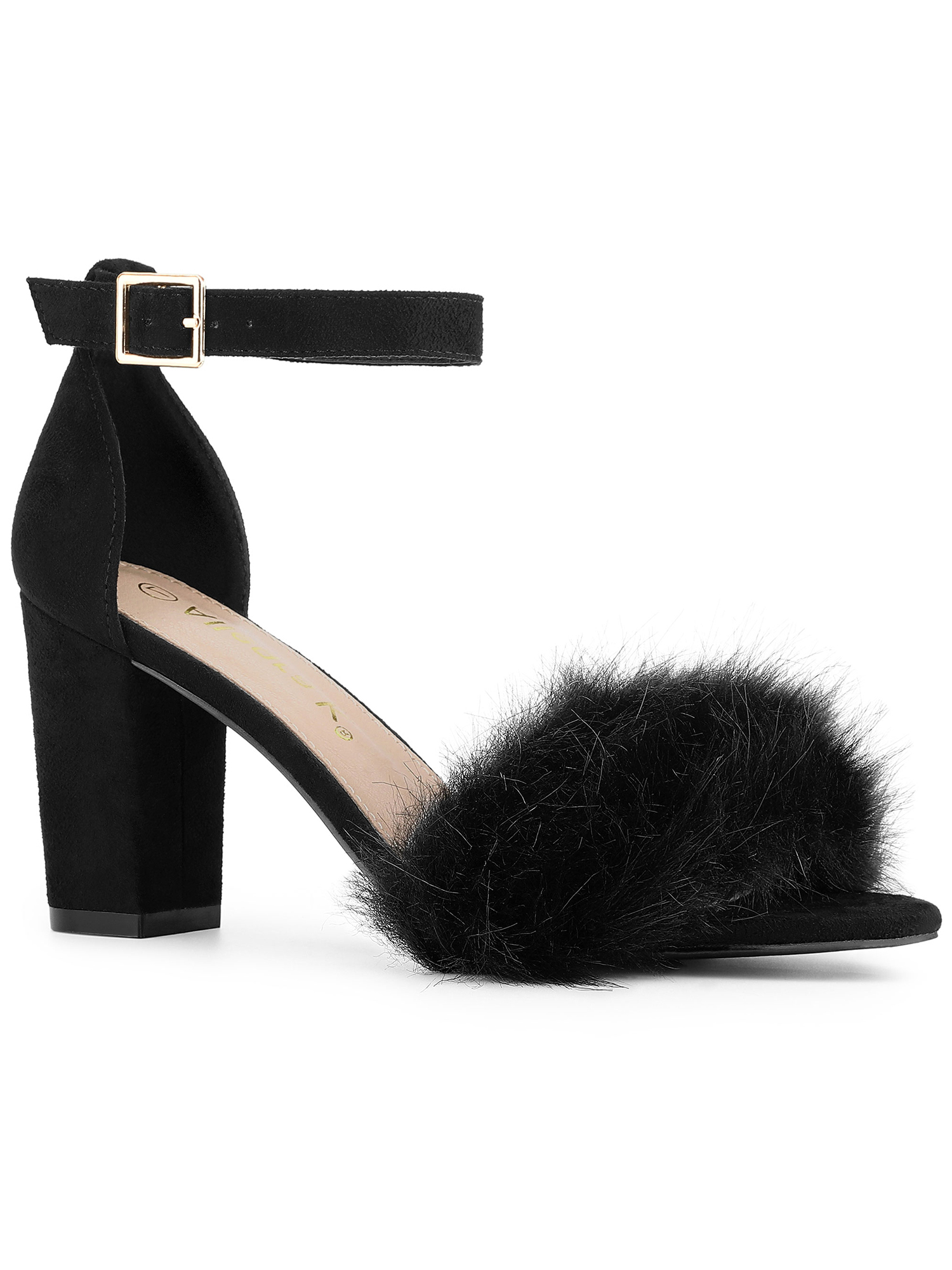 BLISSFUL STEP Women's Faux Fur Ankle Strap Block Heel Open Toe Sandals Black 6