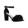 thumbnail image 1 of BLISSFUL STEP Women's Faux Fur Ankle Strap Block Heel Open Toe Sandals Black 6, 1 of 8