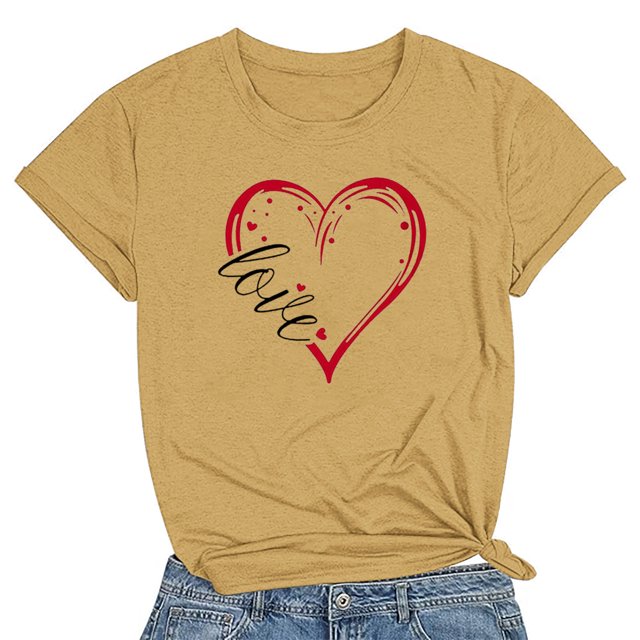 Meichang T-Shirts de la Saint-Valentin pour Femmes Mignons avec Cœur d'Amour T-Shirts Graphiques de Fête Manches Courtes Hauts Col Rond Coupe Ample T-Shirts Tendance T-Shirts