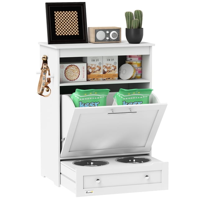 PawHut Pet Feeder Station Storage Cabinet, Storage Container, White