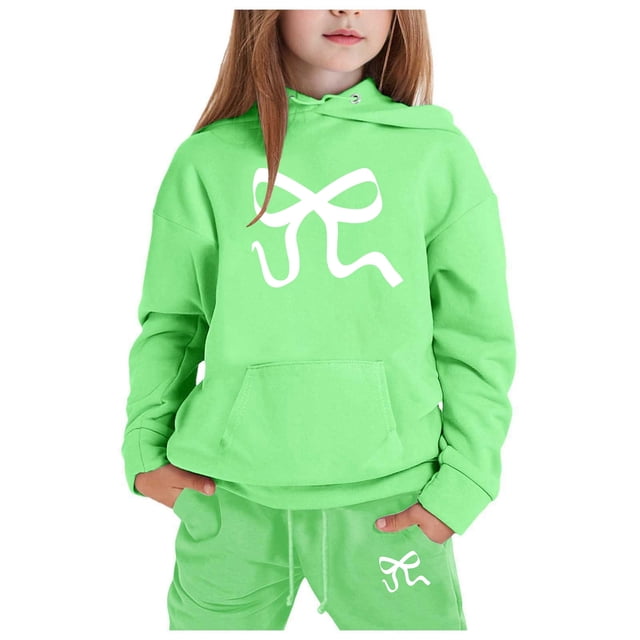 GDREDA Girls Sets 2 Piece Outfits Spring Children's Hoodie Set With Bow Print Green,8-9Years