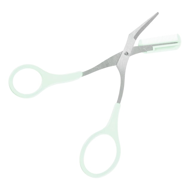 Unique Bargains Eyebrow Trimmer Scissors with Comb in green, made of durable stainless steel for precise eyebrow shaping. Features an ergonomic handle and a detachable comb for intuitive trimming. Compact design ideal for travel and personal grooming.