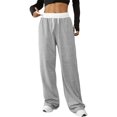 thumbnail image 1 of Women'S Contrast Color Waistband Sweatpants Wide Leg Pants with Drawstring Buckle Light Linen Gray L, 1 of 8