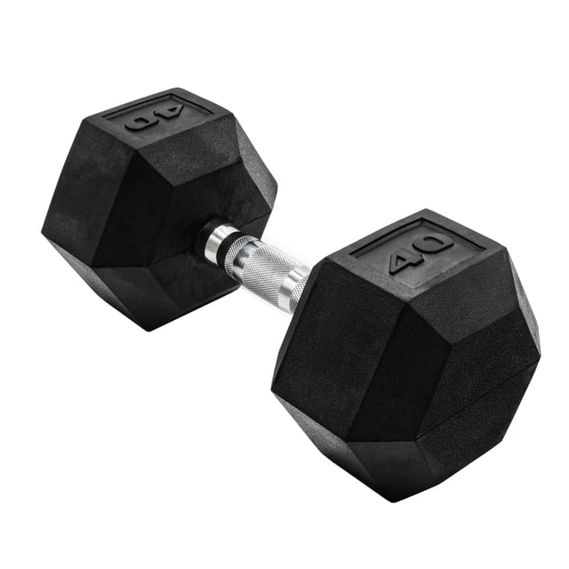 CAP Barbell Coated Hex Dumbbell, Single 3 - 100 lb centered front-facing view of a single hex dumbbell with coated ASTM A48 Class 20 grey iron heads and a solid chromed 1018 cold-rolled steel ergo handle; medium-depth knurling for grip, hex shape prevents rolling, often used for isolated strength training and HIIT workouts.