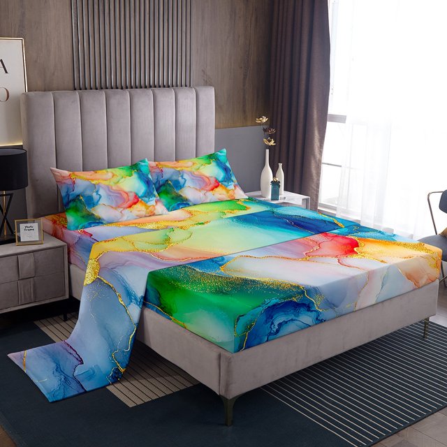 Watercolour Maple Sheet Set Golden Glitter Bed Sheets Set Colorful Artwork Stone Pattern Sheets King Size Modern Soft Microfiber Bedding Set With 2 Pillow Cases