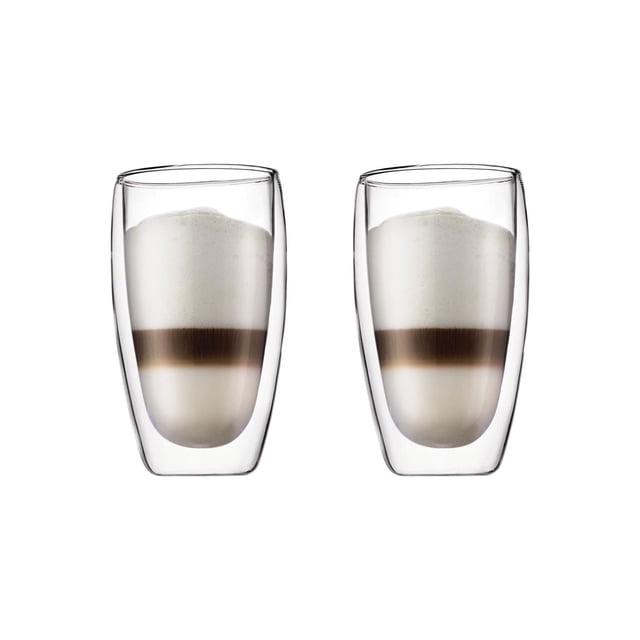Pavina Ensemble de 2 Verres à Double Paroi de 15 Oz avec Deux Gobelets en Verre Borosilicaté Clair Soufflé à l'Empeigne, à Double Paroi, Chacun Rempli de Café à Étages Surmonté de Mousse, Conçus pour Garder les Boissons Chaudes Chaudes et Froides Froides, Convient Aussi pour Servir des Soupes Ou des desserts.