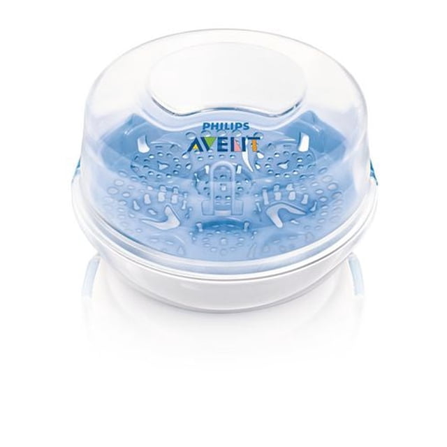 Philips AVENT SCF281/05 BPA Free Microwave Steam Sterilizer with a compact round design, clear lid, and white base, ideal for quick steam sterilization of baby bottles in microwaves, featuring secure side grips and BPA-free construction.