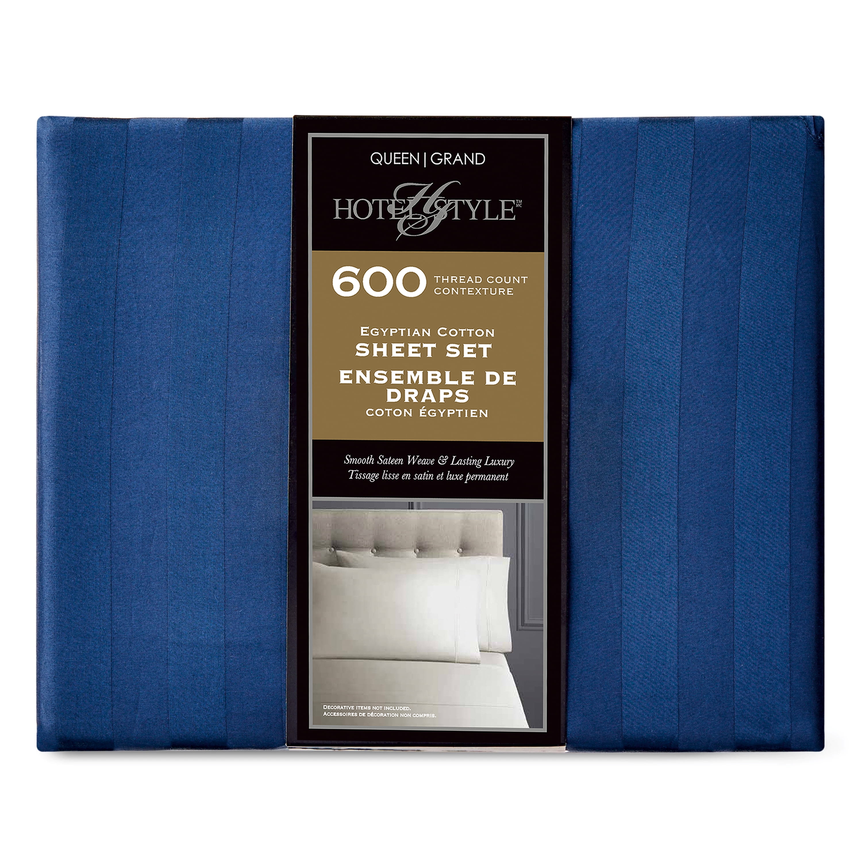 Ensemble de draps pour lit adulte en coton égyptien marin rayures 600 contexture, 4 pièces, hotel style, très grand lit - Poche profonde