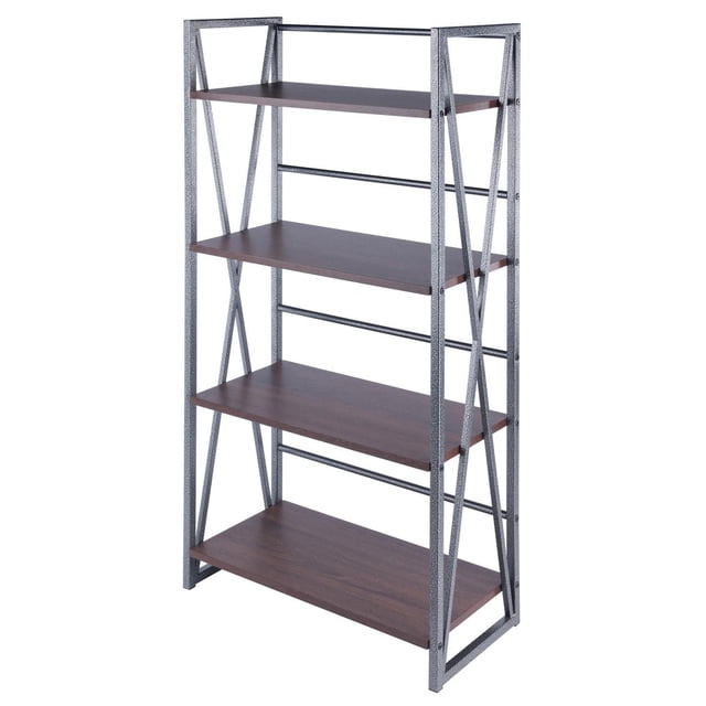 Isa 4-Tier Shelf Graphite and Walnut with four walnut-finished engineered wooden shelves supported by a graphite metal frame featuring X-frame side panels and rear crossbars for stability, measuring 24.8"W x 11.9"D x 48.4"H, suitable for displaying books, photos, or collectibles in living rooms, offices, or entryways, with plastic footers to protect floors and included anti-tip hardware.