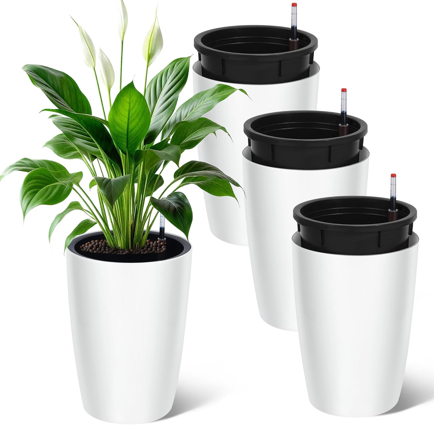 YUSAZENS 4 Pack White PP Self Watering Plastic Planters with Water Level Indicator for Indoor Outdoor Garden and Courtyard Use