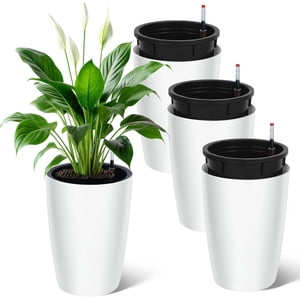 YUSAZENS 4 Pack White PP Self Watering Plastic Planters with Water Level Indicator for Indoor Outdoor Garden and Courtyard Use