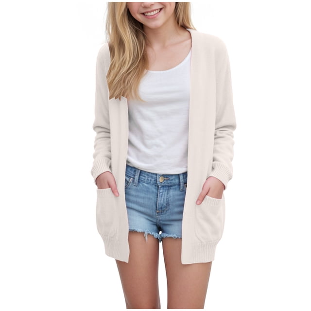 Girls Loose Pocket Knitted Cardigan Sweater Solid Color Casual Jacket