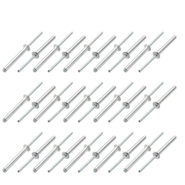 Unique Bargains 30 Pcs 5mm x 40mm Aluminum/Steel Open End Blind Rivets arranged in a grid. These silver-tone rivets feature an aluminum body and steel mandrel with a zinc-plated finish for lightweight durability and superior corrosion resistance. Designed with a flat round head and extra-long rivet body, they are ideal for hardware fasteners in construction, furniture, and machinery. Requires a riveter for installation.