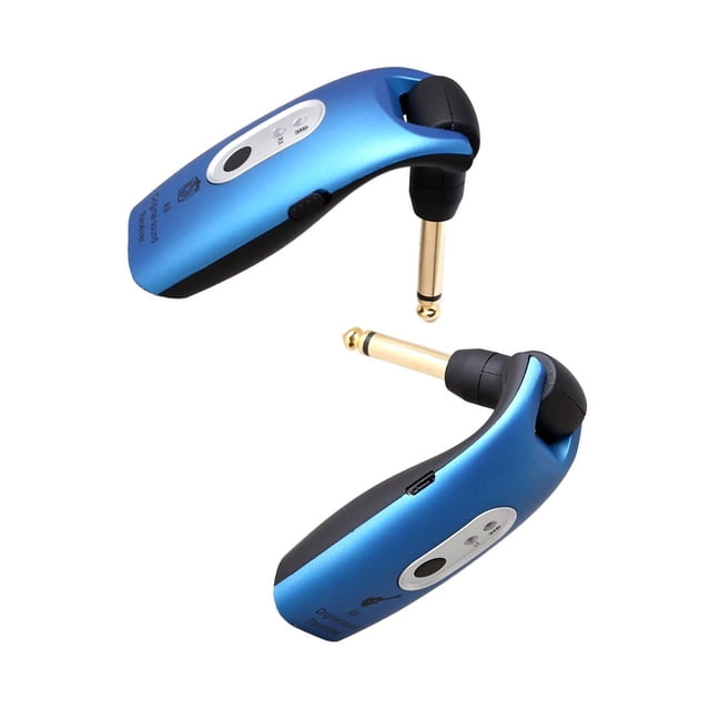 maskred 20Hz-20kHz portable Léger Récepteur 2.4GHz-2.483GHz Convertisseur Intégré pour Pièces de Basses Électriques et Prise de Guitare en Bleu. l'Image Montre un Émetteur et un Récepteur Sans Fil Compacts avec un Boîtier ABS Bleu et Noir Élégant, Doté de Connecteurs jack 1/4-inch et d'Un port de Chargement micro USB. Convient aux Guitares Électriques, Basses, Guitares Acoustiques et Orgues Électroniques, avec une distance de transmission Maximale de 50 Mètres dans des conditions Sans Barrière.
