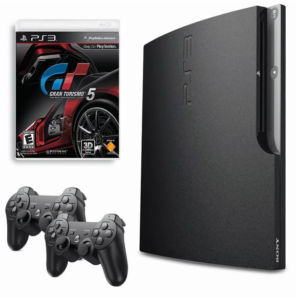 Restored Sony Playstation 3 PS3 Console Slim 160GB Black with Gran Turismo 5 and 2 Retrofam Controllers (Refurbished)