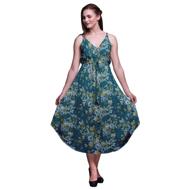 Bimba Floral Dames Robe à Imprimé Floral Spaghetti Sangle V Cou Midi Plage Wear-XX-Large