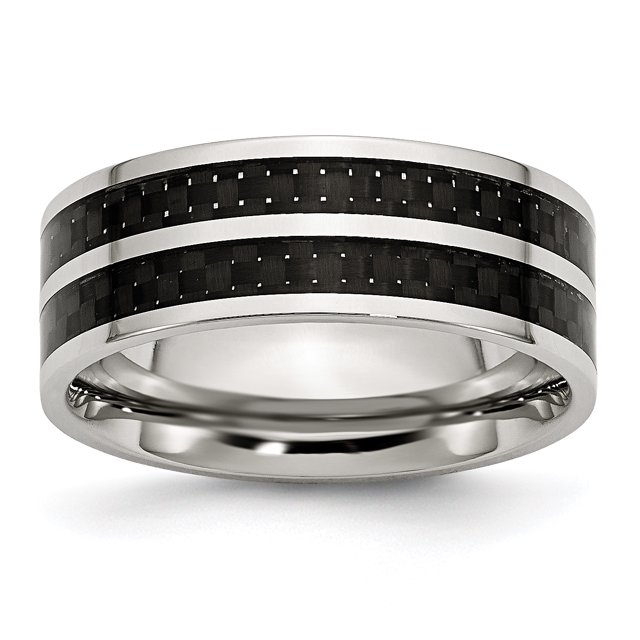 Stainless Steel 8mm Double Row Black Carbon Fiber Inlay Polished Band Ring 12 Size