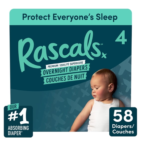 Rascals Overnight Absorbent Baby Diapers, Size 4, Carton, 58 Count