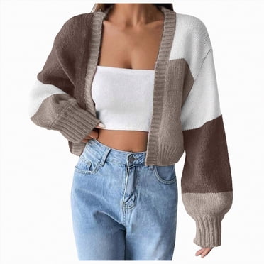 Splozh Chandails pour Femmes Cardigans Femmes Manches Longues Ouvert Cardigan Court en Tricot Chandails Décontractés Épaules Tombantes Manteaux Courts Café,S