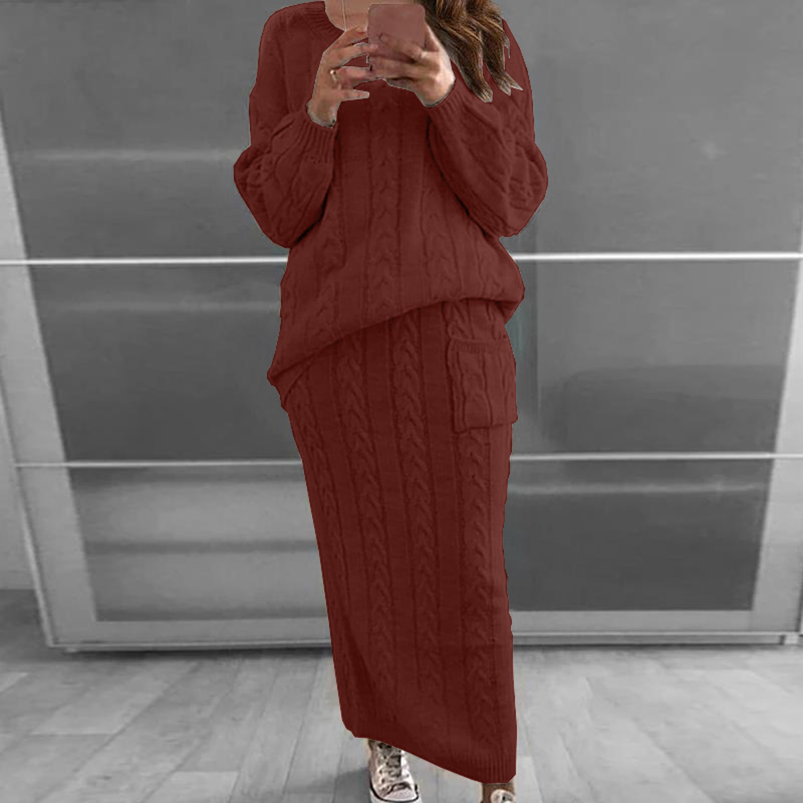 PVCS Ensemble Deux Pièces pour Femmes, Couleur Unie, Col Rond, Manches Longues, Tricot Torsadé, Chaud, Jupe Chandail