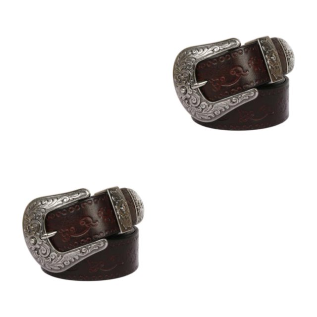Ruiboury Embossed Pattern Belt With Fine Craftsmanship For Vintage And Western Looks Long Fashion Embossed Pattern Rivet Belt Small round coffee 105cm 2Set